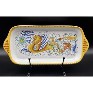 Deruta Italian Raffaellesco Dragon Rectangle Handled Side Plate 11” Italy Signed